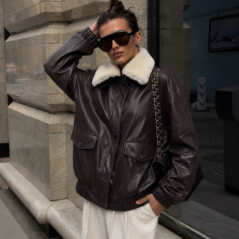 Fur Collar Zipper Leather Jacket GPKJ MR51470