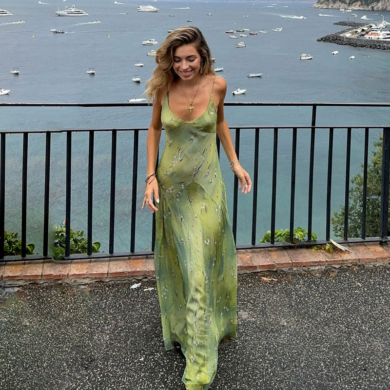 Print V Neck Sling Maxi Dress GPKJ MR49790