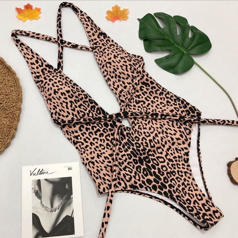 Leopard Print Cutout Tie Up One Piece Swimsuit CSYZ 1897