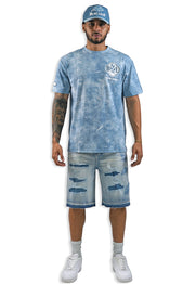 Honor Thyself Blue Shirt Denim Shorts and Trucker Hat Bundle