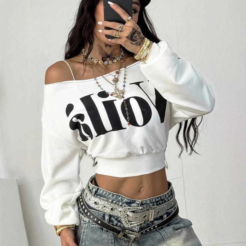 Letter Printed Long Sleeve Crop Top GQLK 6702
