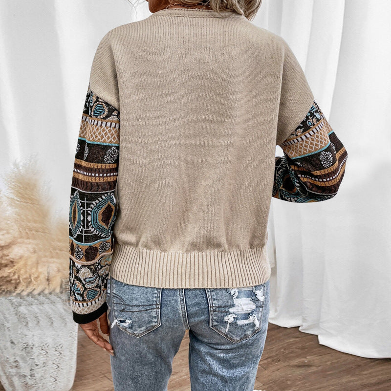 Loose Print Color Block Knits Tops GDAM 7198