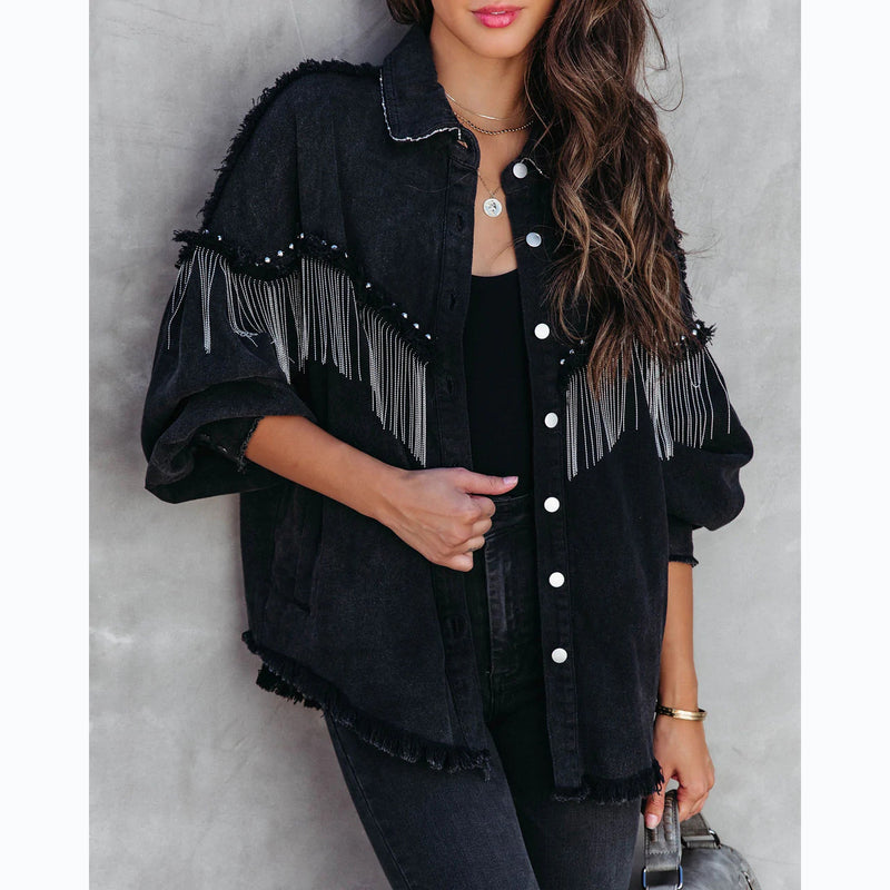 Chain Studded Street Fashion Single Breasted Denim Jacket GYAN 641