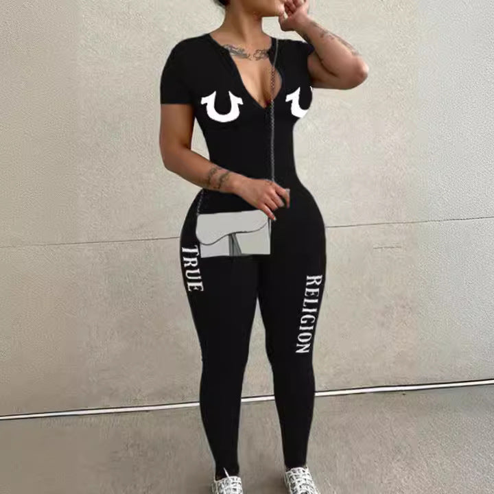 Long Sleeve Letter Print Zipper Jumpsuit GXJL 00045