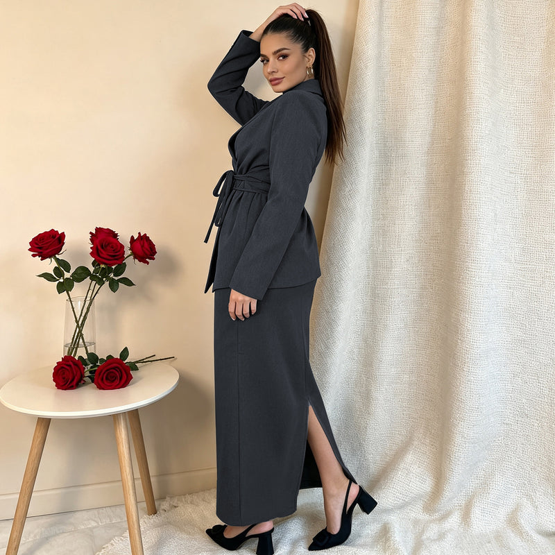 Plus Size Tie Up Blazer Long Skirt Two Piece Set QMZF 2148