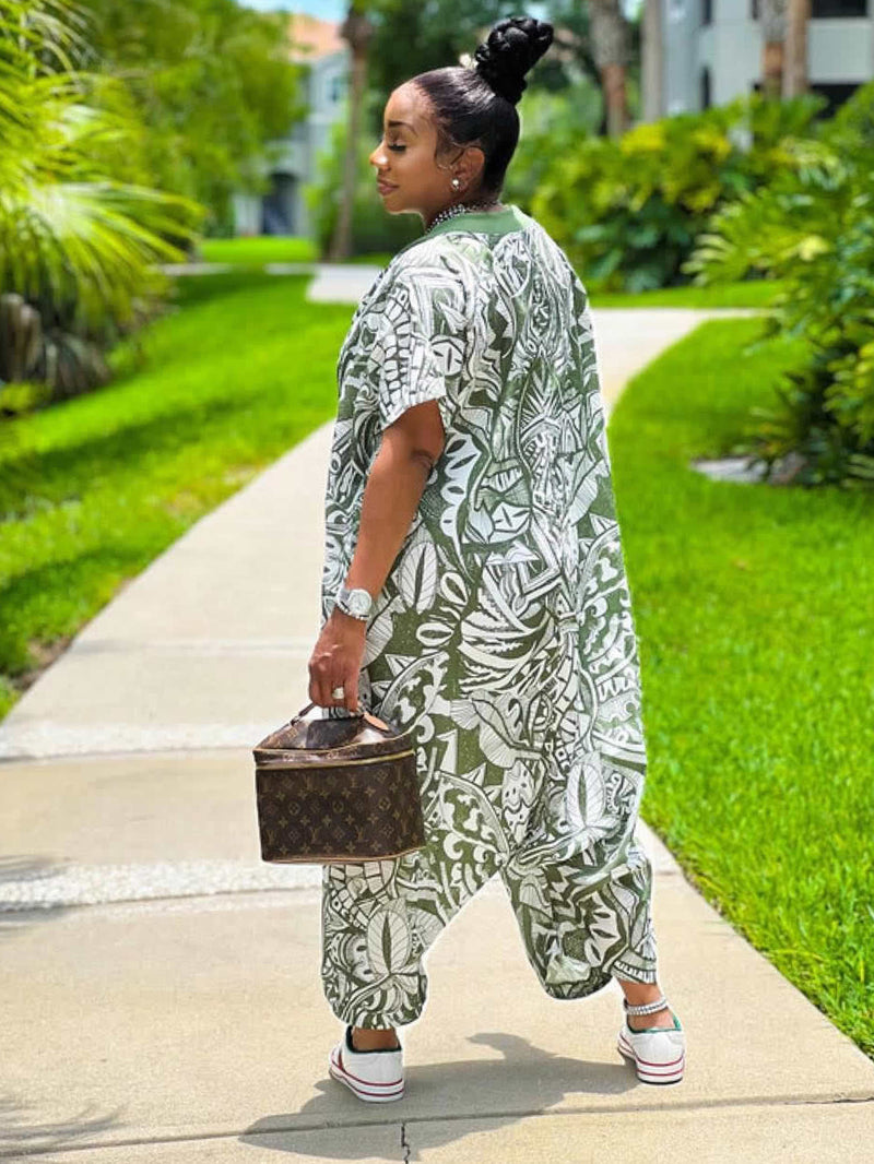 Plus Size Print Short Sleeve Loose Jumpsuit QMZF 1899