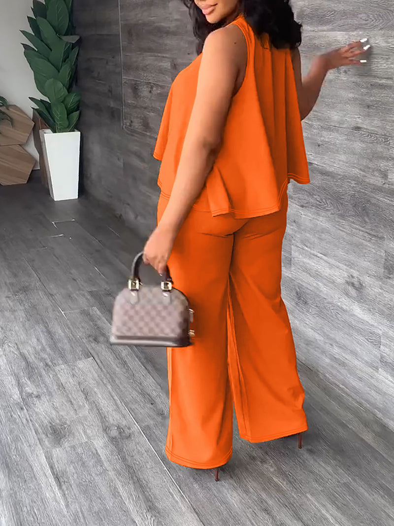 Plus Size Solid Color Sleeveless Loose Two Piece Pants Set SFY 749