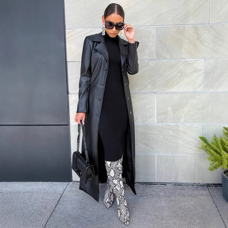 Lapel Button Warm Long Leather Coat LSD LD2271
