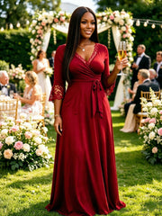 Lace V Neck Solid Color Maxi Dress XMY N049