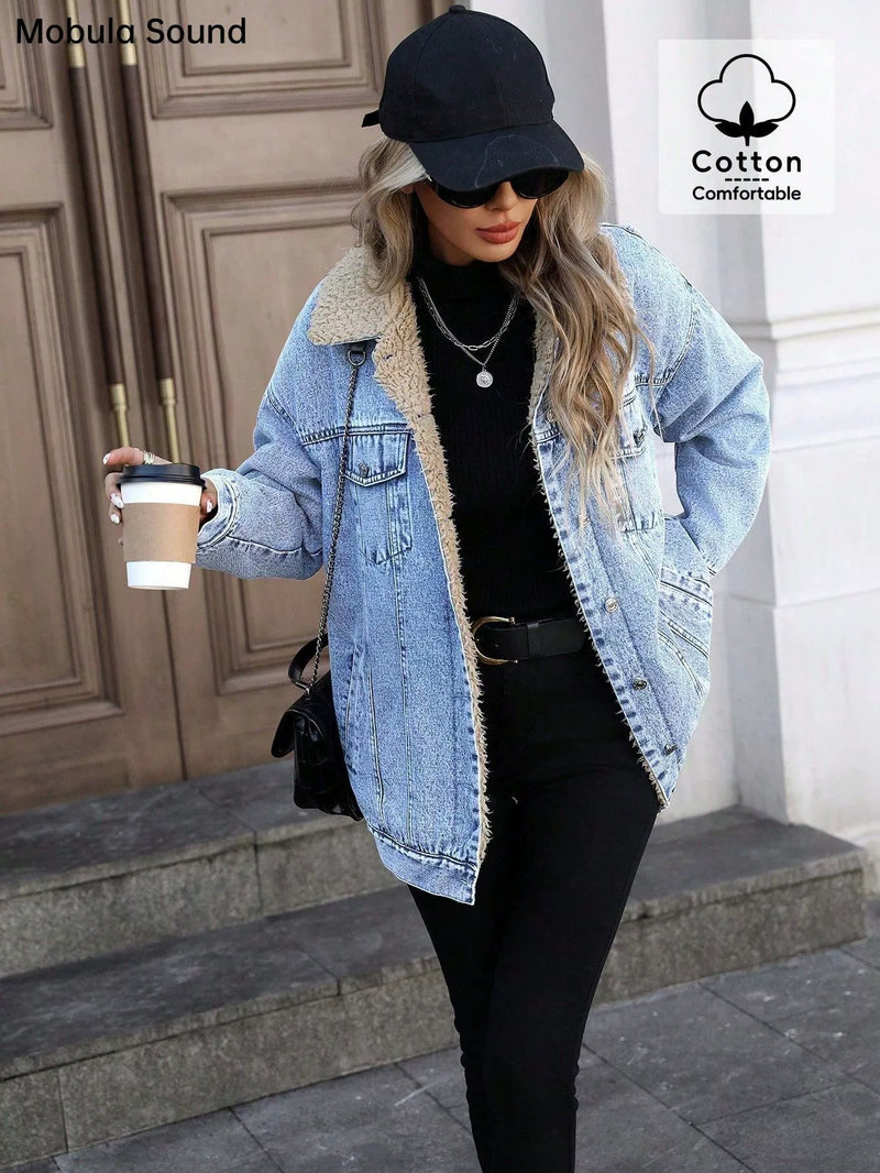Loose Long Sleeve Fleece Denim Jacket GYXN 20780