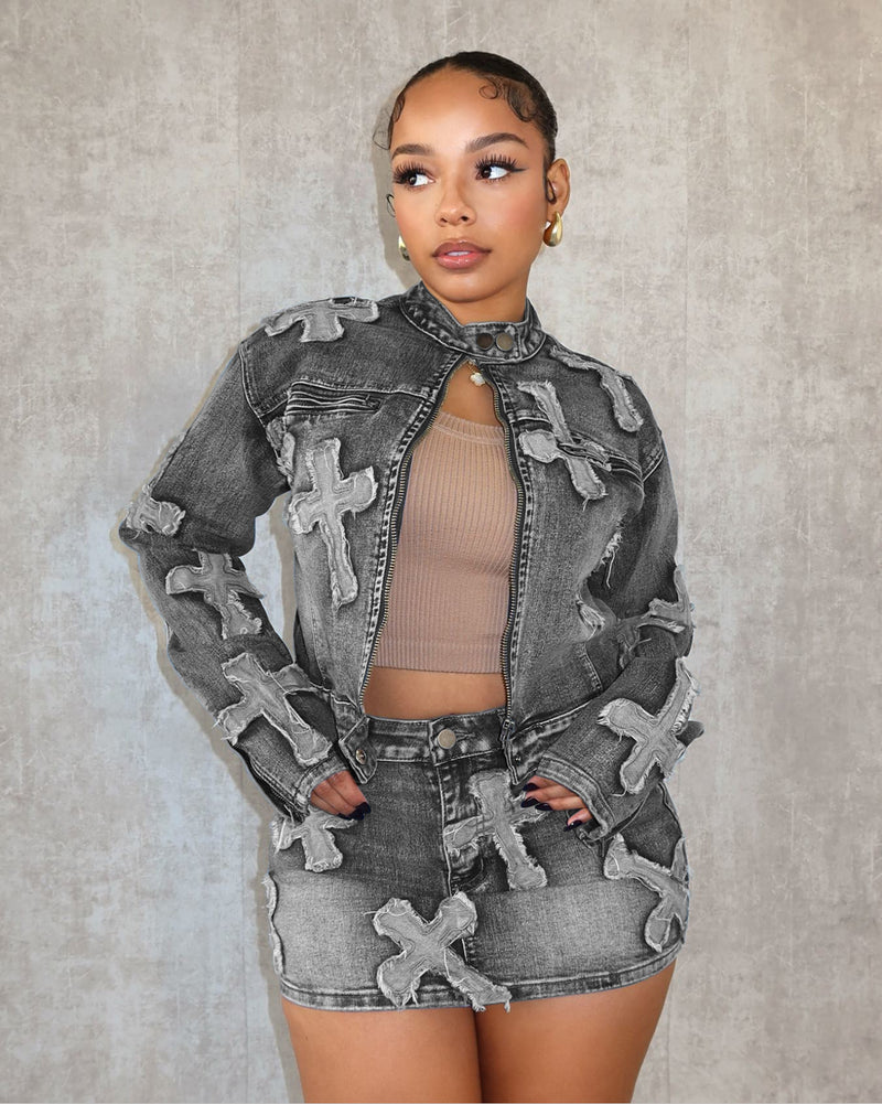 Denim Embroider Jackets And Skirt Two Piece Set MEM 88539