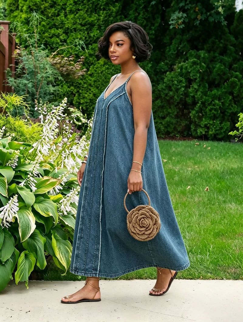 Plus Size Raw Edge Sling Denim Long Dress GYLN 6290