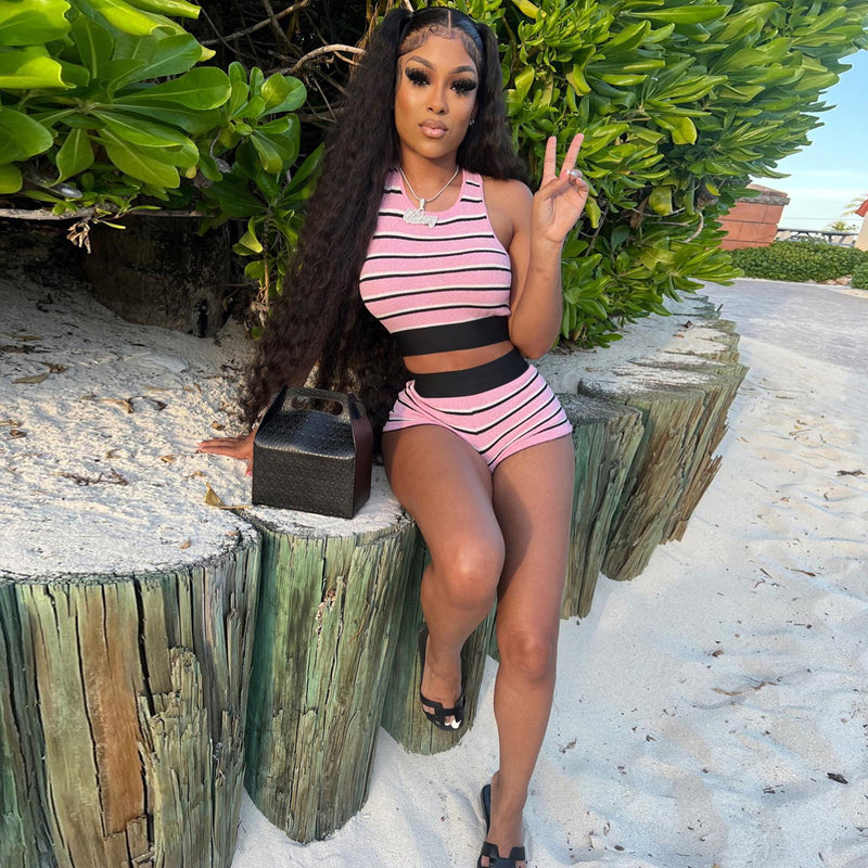 Summer Stripe Sleeveless Two Piece Shorts Set GLF 10128