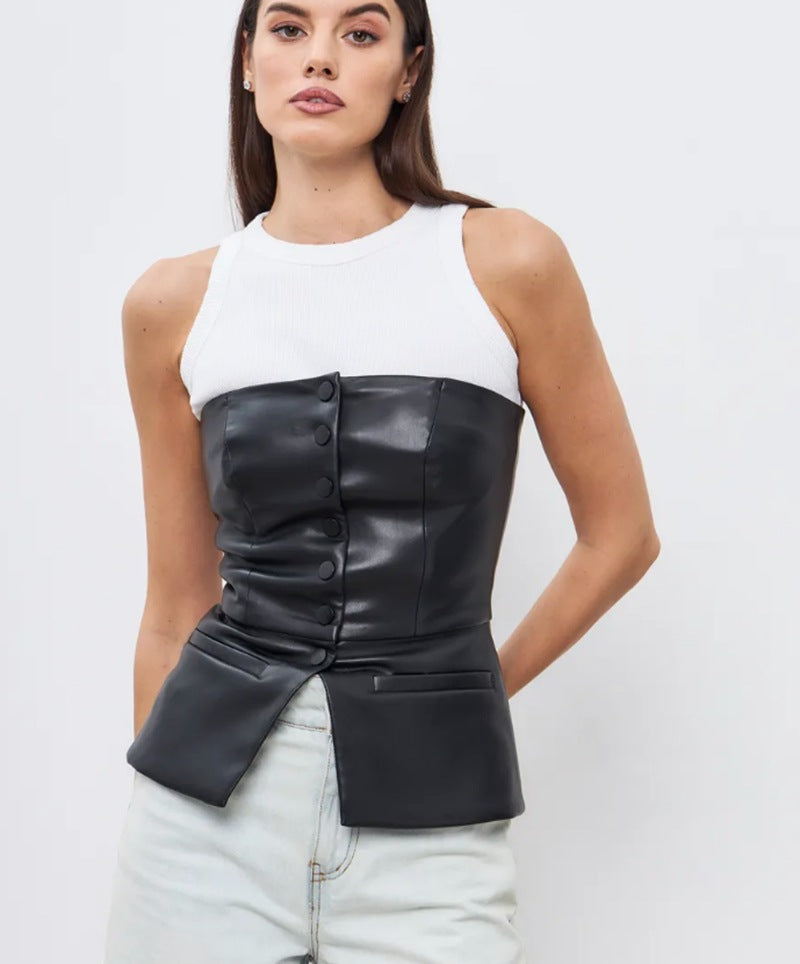 Sexy Single breasted PU Leather Tank Tops GPBY 17143