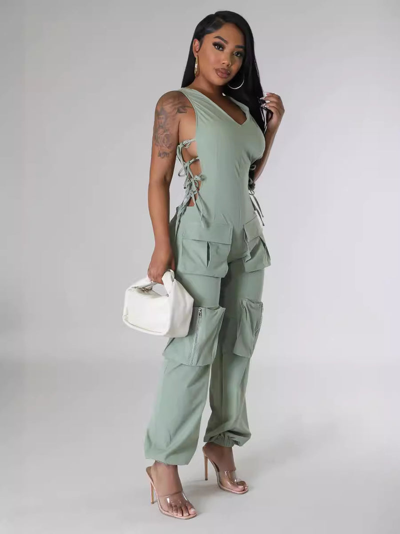 Plus Size Sleeveless V Neck Bandage Jumpsuit GHXF HX0417