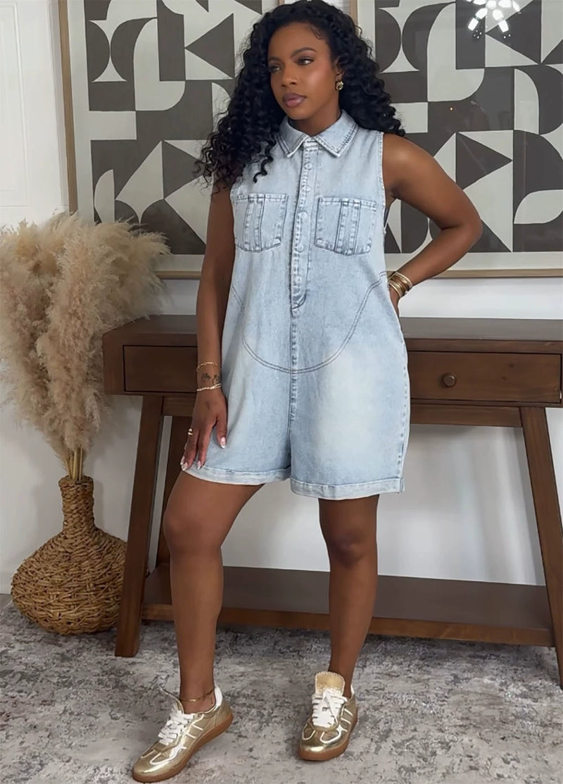 Plus Size Loose Lapel Sleeveless Denim Romper GAKF 60601