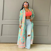 Plus Size Pleated Printed Trench Coat Long Jacket NNWF 10634