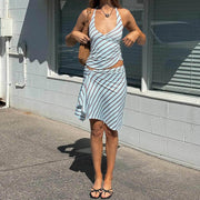 Stripe Backless Tie Up Top Two Piece Skirts Set GFRT 32645SBY
