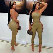 Sexy Backless PU Leather Bandage Jumpsuit Without Headscarf GFCF 1452