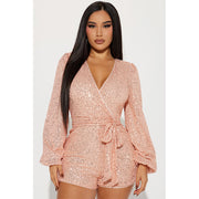 Long Sleeve Sequin Solid Color Belt Romper GYOM 8930