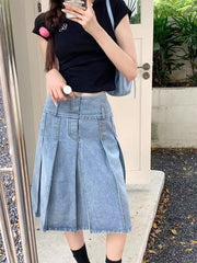 Washed Denim Pleated Mid length Skirt GMWF 55698