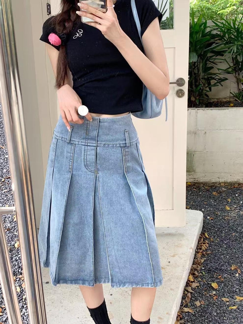 Washed Denim Pleated Mid length Skirt GMWF 55698