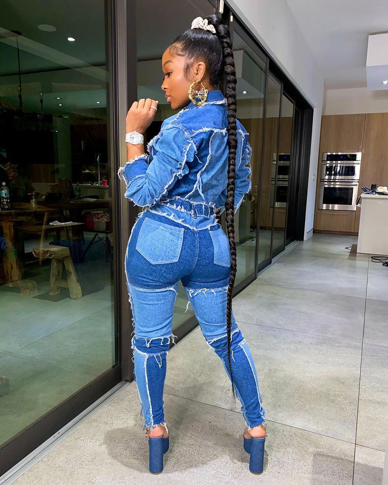 Patchwork Denim Jacket Jeans Pants Two Piece Sets LSD 8773