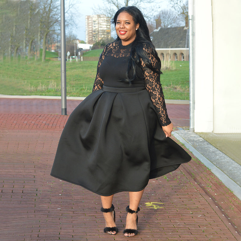 Plus Size Lace Patchwork Long Sleeve Long Dress NNWF P3040