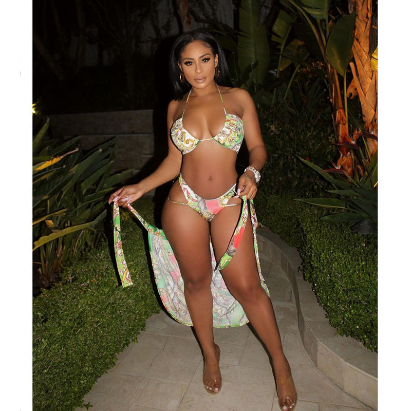 Sexy Beach Style Tie Up Printed Swimsuit Three Piece Set BN 9269