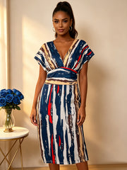 Plus Size Print Deep V Neck Midi Dress QMZF 18612