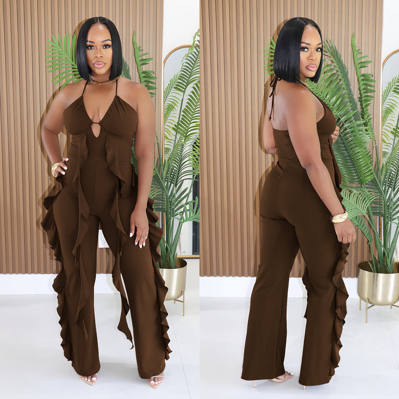 Halterneck V Neck Ruffles Sling Jumpsuit BY 7836