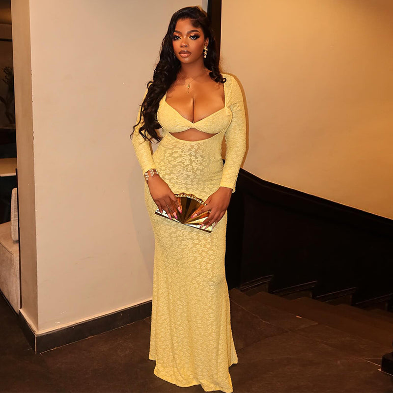 Long Sleeve Hollow Out Maxi Dress GNZD 32720DBY