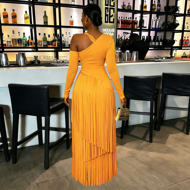 Solid Color Long Sleeve Tassel Maxi Dress YF 11109