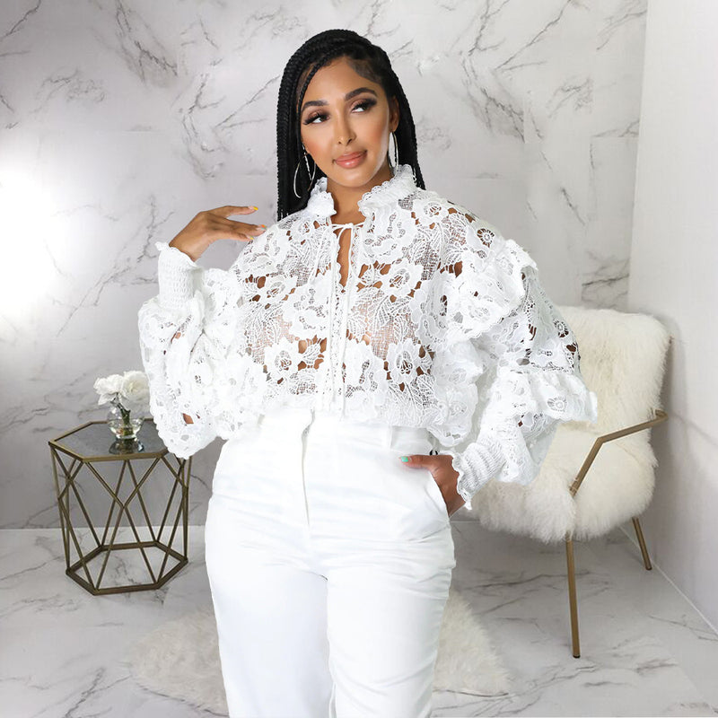 White Lace Hollow Out Lace Up Blouse Top YF 10200