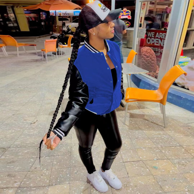 Fashion Color Block Leather Sleeve Baseball Jacket WMEF 20036