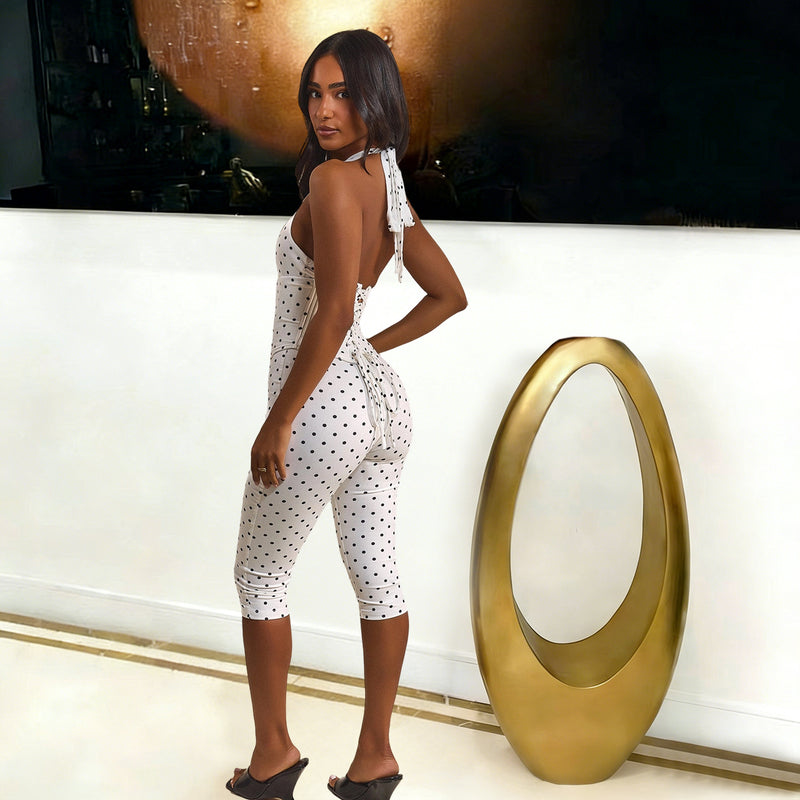 Polka Dots Print Halterneck Tie Up Seventh Jumpsuit TK 6350