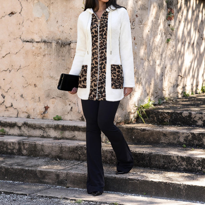 Casual Fleece Leopard Patchwork Hooded Coats OMY 12022