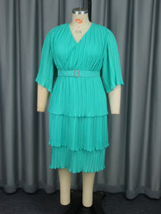 Plus Size Belt Press Pleated Cake Midi Dress GKEN AM040936