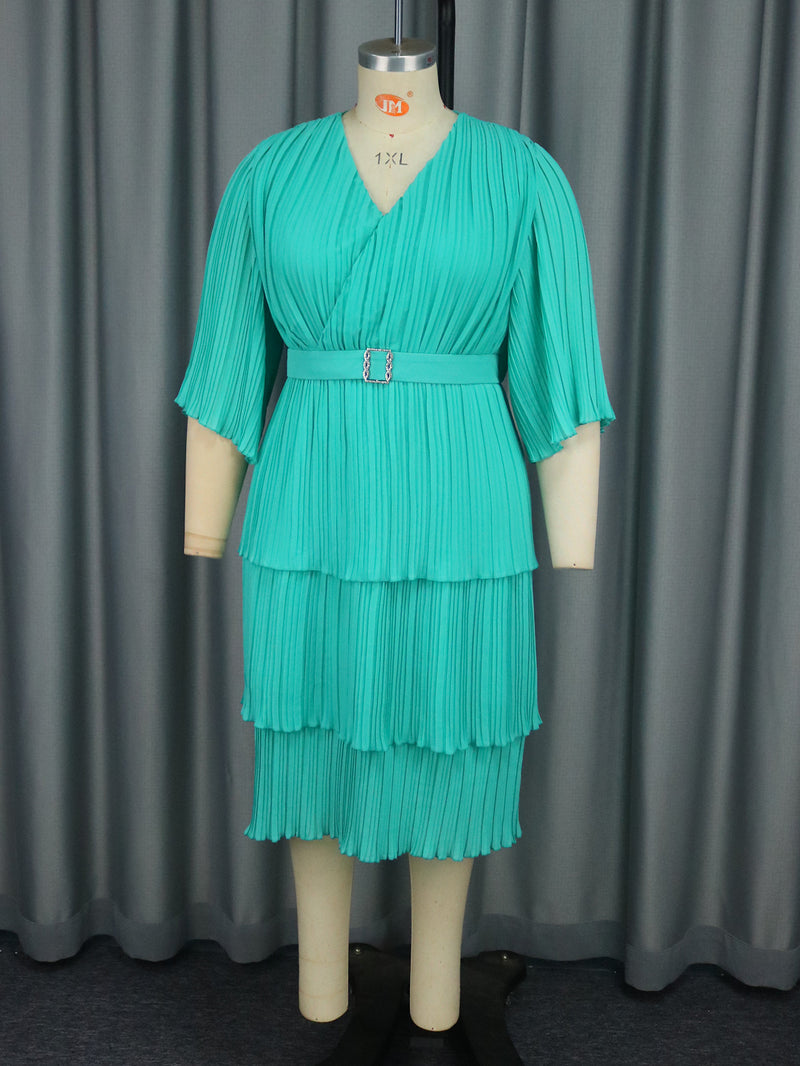 Plus Size Belt Press Pleated Cake Midi Dress GKEN AM040936