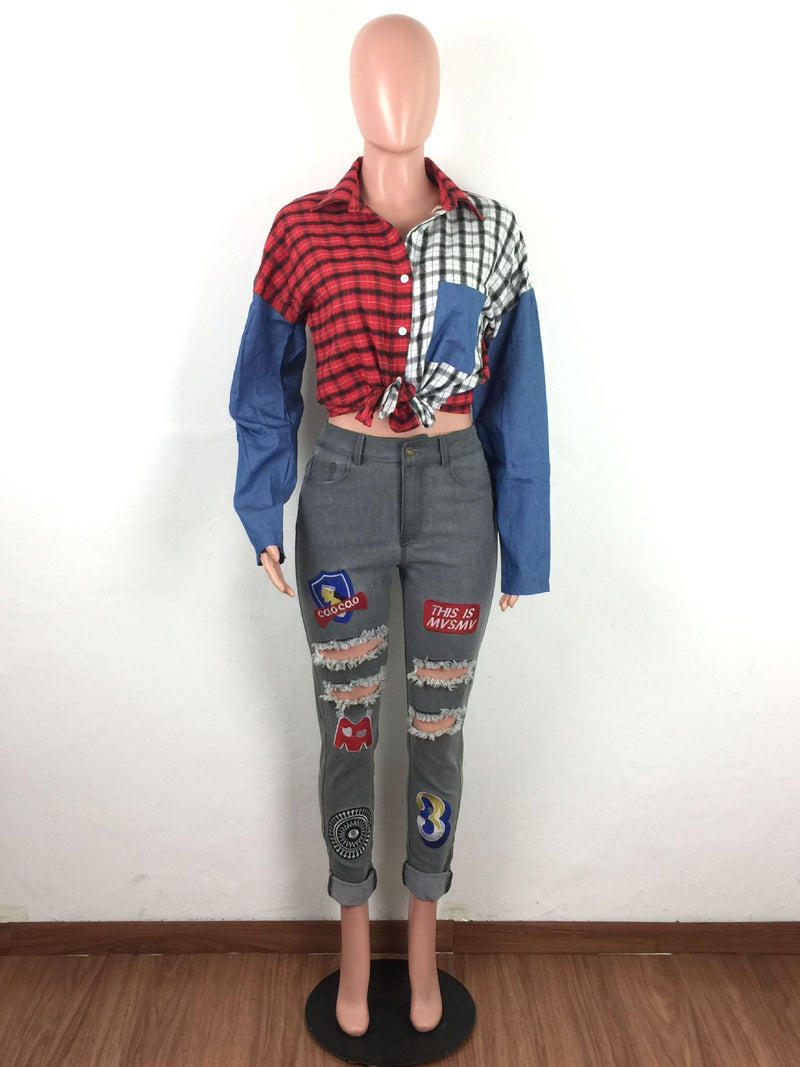 Plaid Print Patchwork Casual Loose Blouse Shirt LA 3156