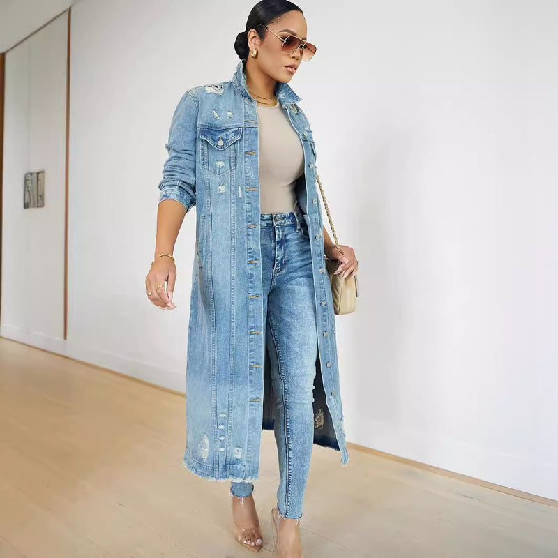 Fashion Long Sleeve Lapel Loose Denim Long Coat GQDH 2328
