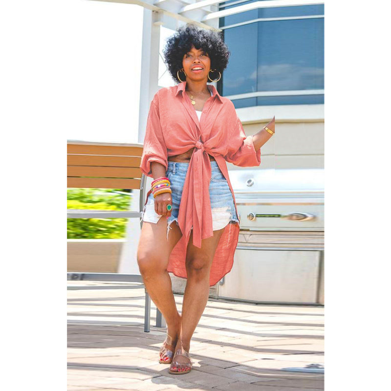 Solid Color Button Slit Long Shirt ASL 6397