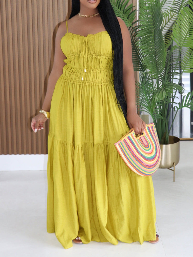 Solid Color Ruched Sling Maxi Dress AIL 349