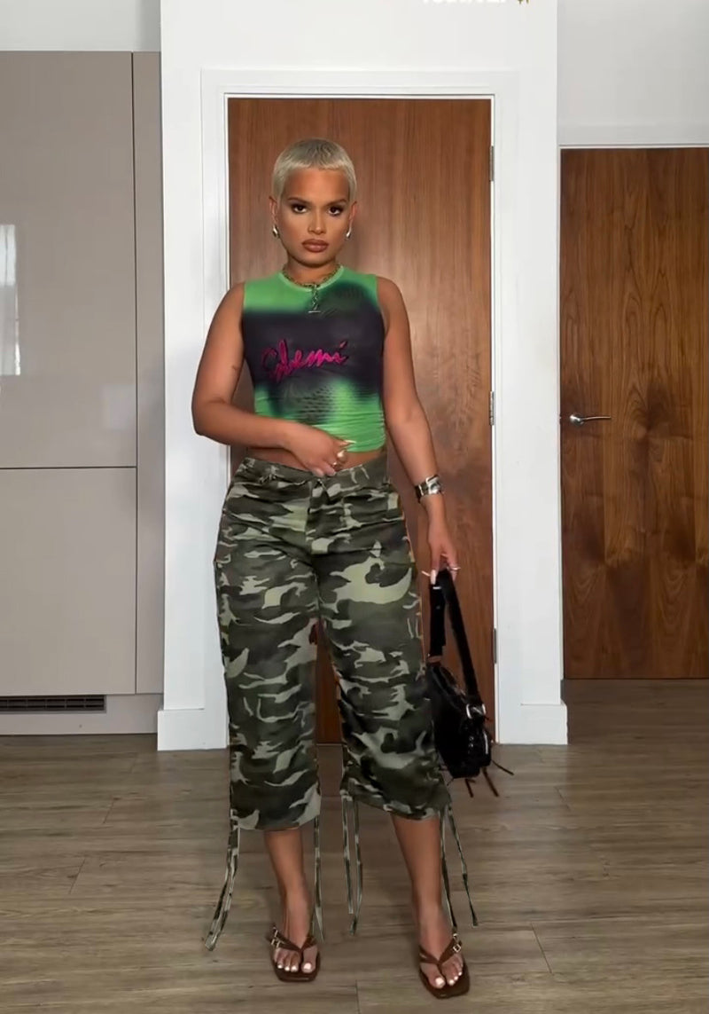 Camouflage Print Drawstring Straight Pants QOUY 6043