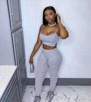 Solid Cami Tops Tight Pants Fitness Two Piece Sets SHD 9285