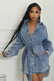 Long Sleeve Single breasted Tie Up Denim Coat WXHY XHY4013