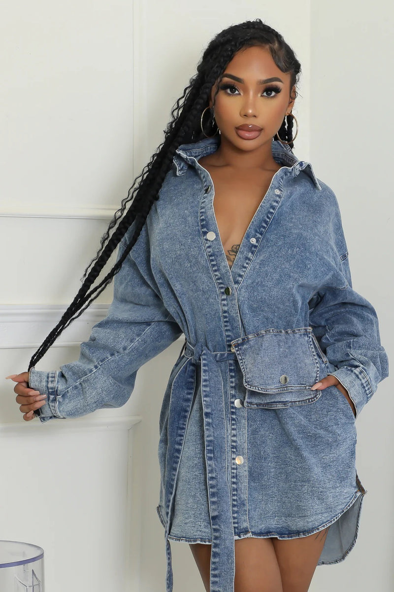 Long Sleeve Single breasted Tie Up Denim Coat WXHY XHY4013