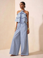 Halterneck Stripe Print Backless Jumpsuit NY 11282