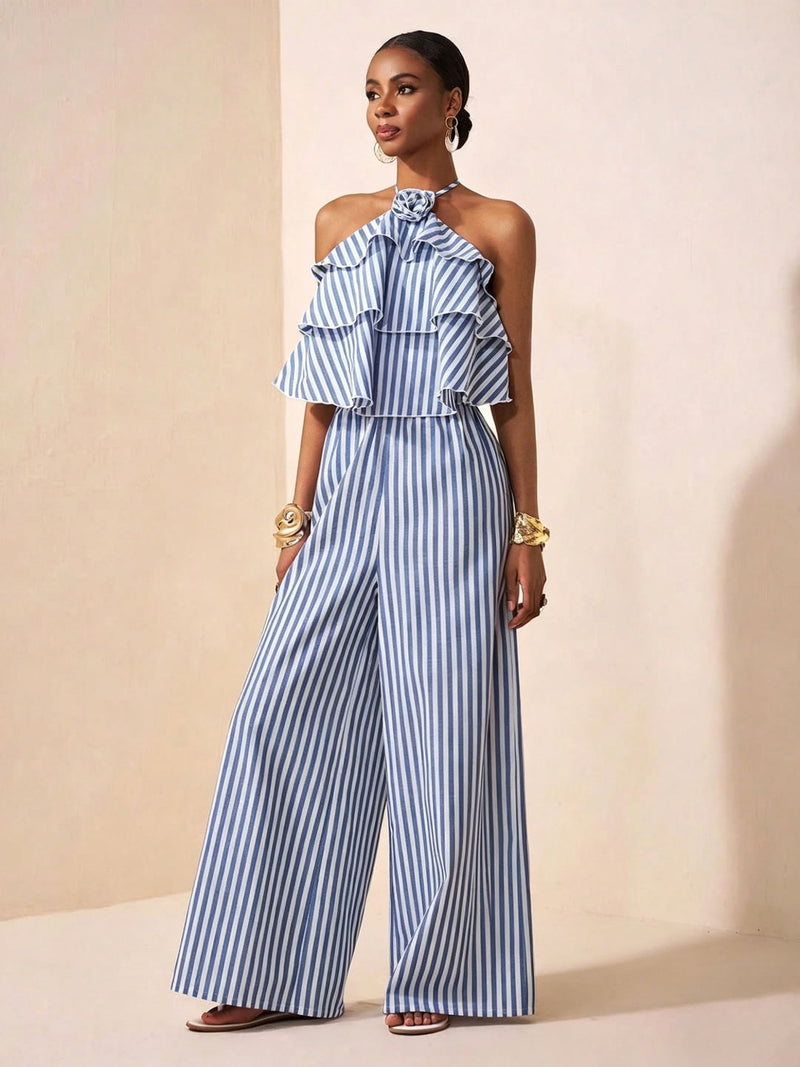 Halterneck Stripe Print Backless Jumpsuit NY 11282
