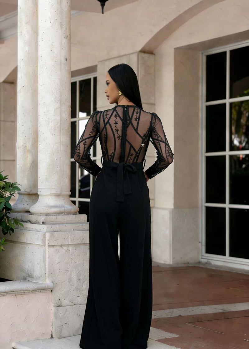 Mesh Embroidery Belt Wide Leg Jumpsuit LA 6006